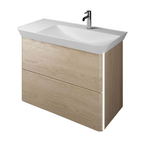 Ausführung Waschtisch mit Unterschrank: Mulde rechts, mit LED-Griffleistenbeleuchtung