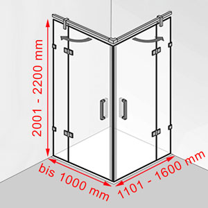 Breite / Tiefe / Höhe: bis 1000 mm / 1101 - 1600 mm / 2001 - 2200 mm