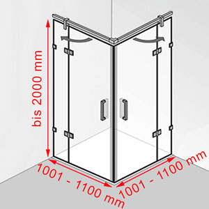 Breite / Tiefe / Höhe: 1001 - 1100 mm / 1001 - 1100 mm / bis 2000 mm