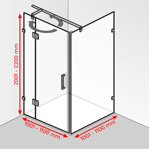 Breite / Tiefe / Höhe: 1001 - 1100 mm / 1001 - 1100 mm / 2001 - 2200 mm