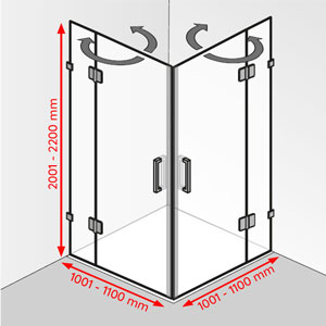 Breite / Tiefe / Höhe: 1001 - 1100 mm / 1001 - 1100 mm / 2001 - 2200 mm