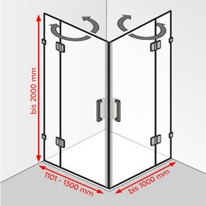 Breite / Tiefe / Höhe: 1101 - 1300 mm / bis 1000 mm / bis 2000 mm