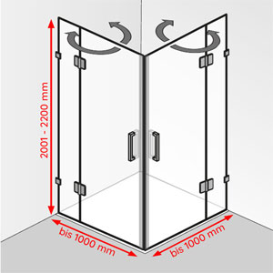 Breite / Tiefe / Höhe: bis 1000 mm / bis 1000 mm / 2001 - 2200 mm
