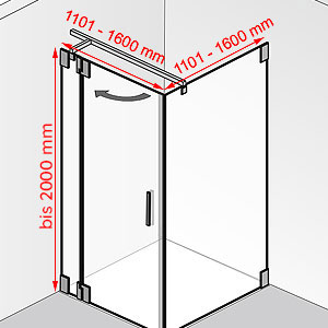 Breite / Tiefe / Höhe: 1101 - 1600 mm / 1101 - 1600 mm / bis 2000 mm