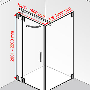 Breite / Tiefe / Höhe: 1001 - 1600 mm / bis 1000 mm / 2001 - 2200 mm