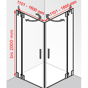 Breite / Tiefe / Höhe: 1101 - 1600 mm / 1101 - 1600 mm / bis 2000 mm